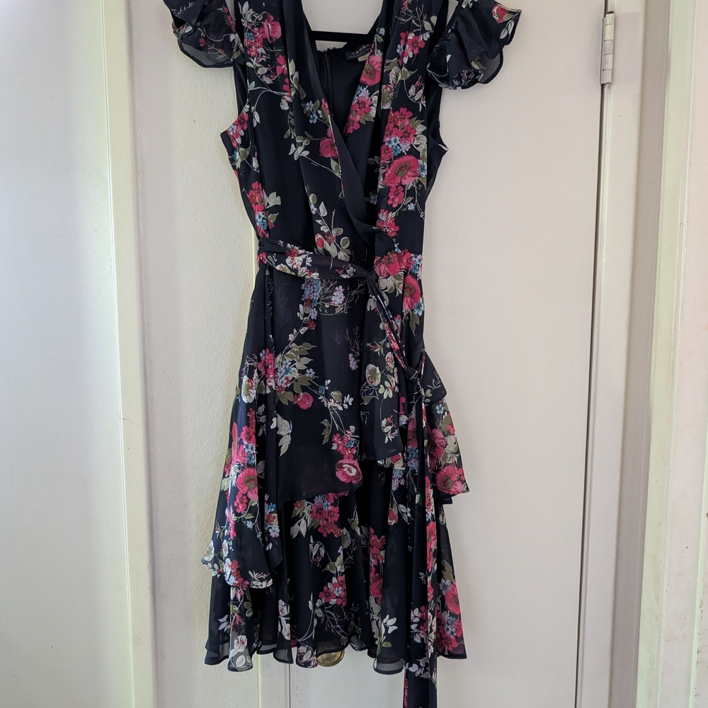 Tahari ASL Black and Pink Asymmetrical Dress